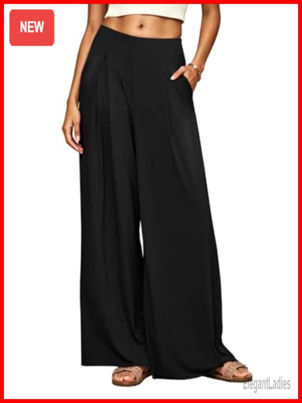 Ribbed Knit Wide Leg Palazzo Pants High Waisted Pleated Trouser